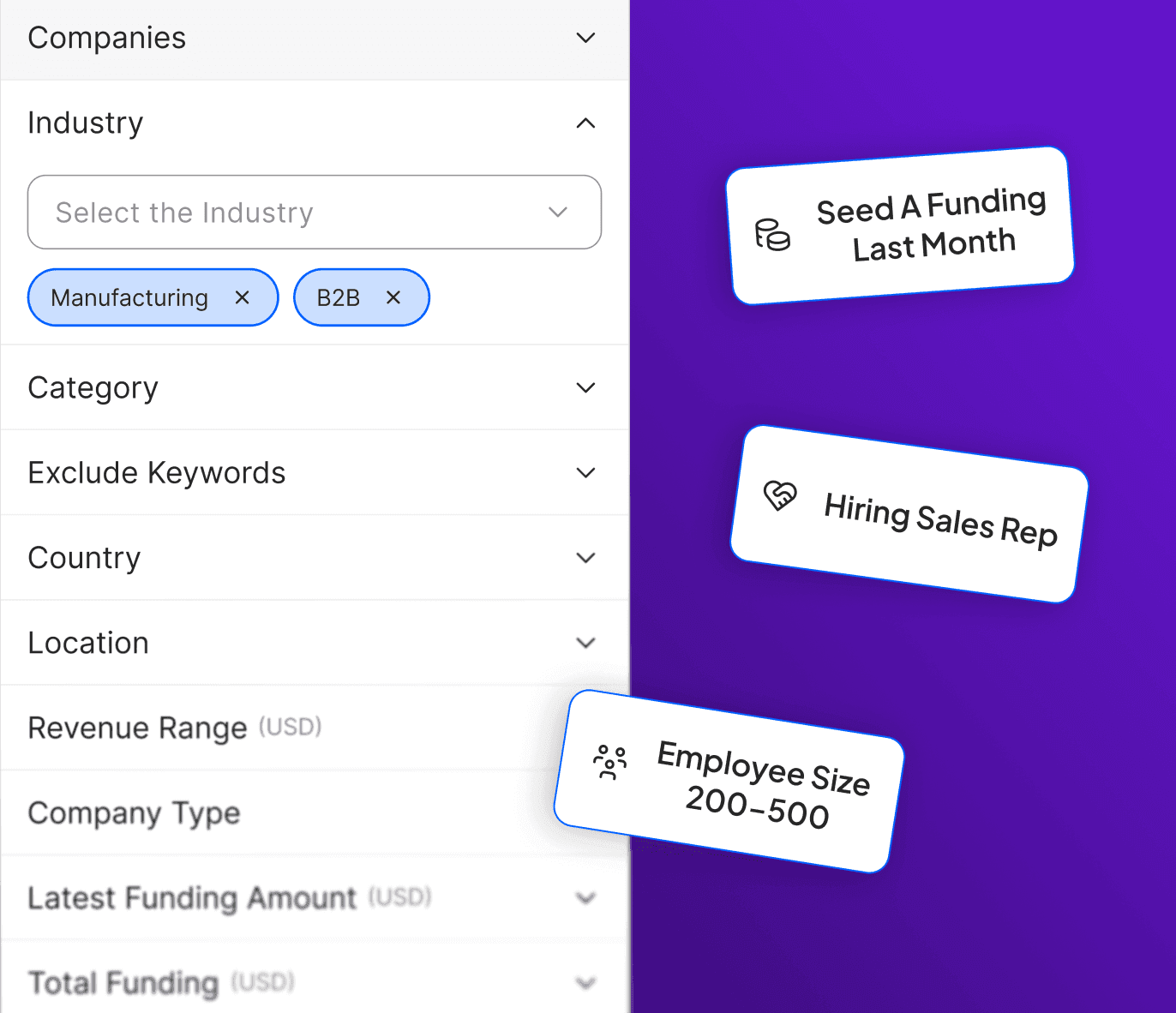 Oppora Finder advanced company and industry filters for manufacturing leads