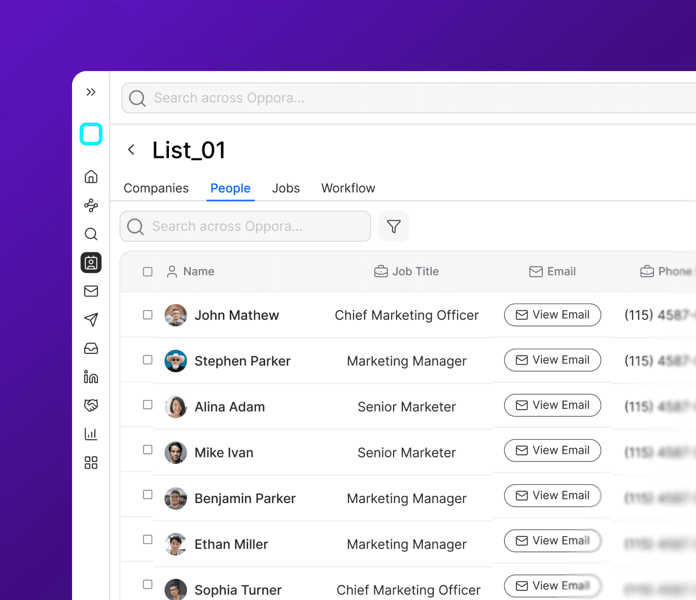 Oppora Finder People list view showing verified manufacturing contacts